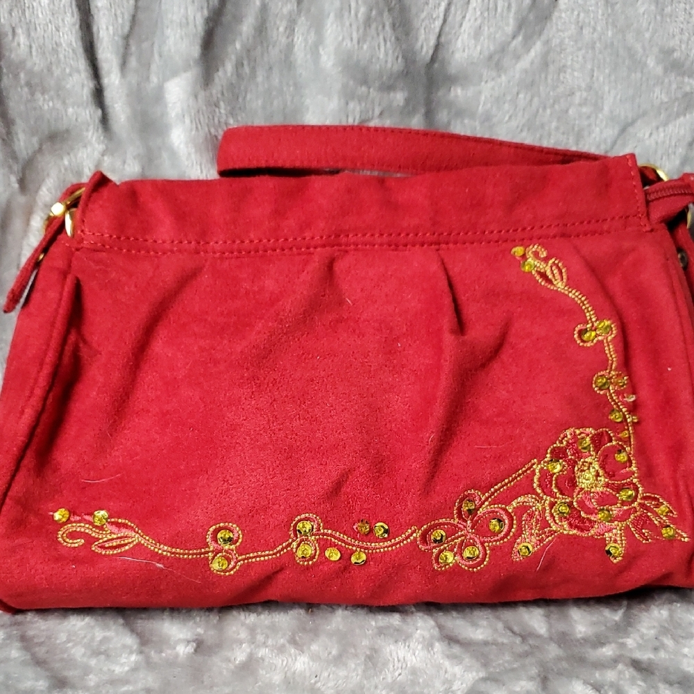 Maggie Sweet Red and Gold Shoulder Bag with Floral Design